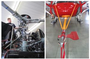 Figure 1: Left: Frasca Flight Test Engineer Chris Lyon inspects the rotor head assembly and rotor blade angle sensors on an Airbus Helicopters H125; Right: Air-Data Boom installed on an Airbus Helicopters AS350